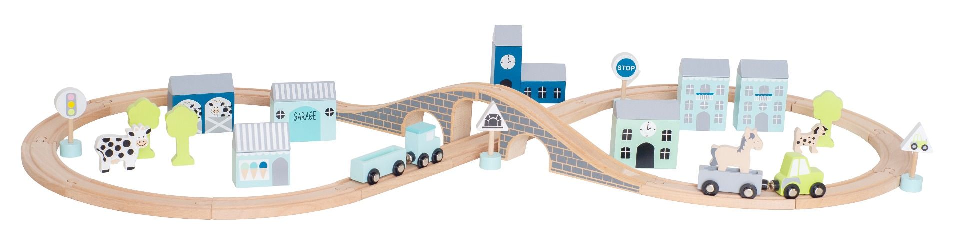 Holz Spielset Autobahn mit Straßen Schienen, Figuren und Tieren in Box blau