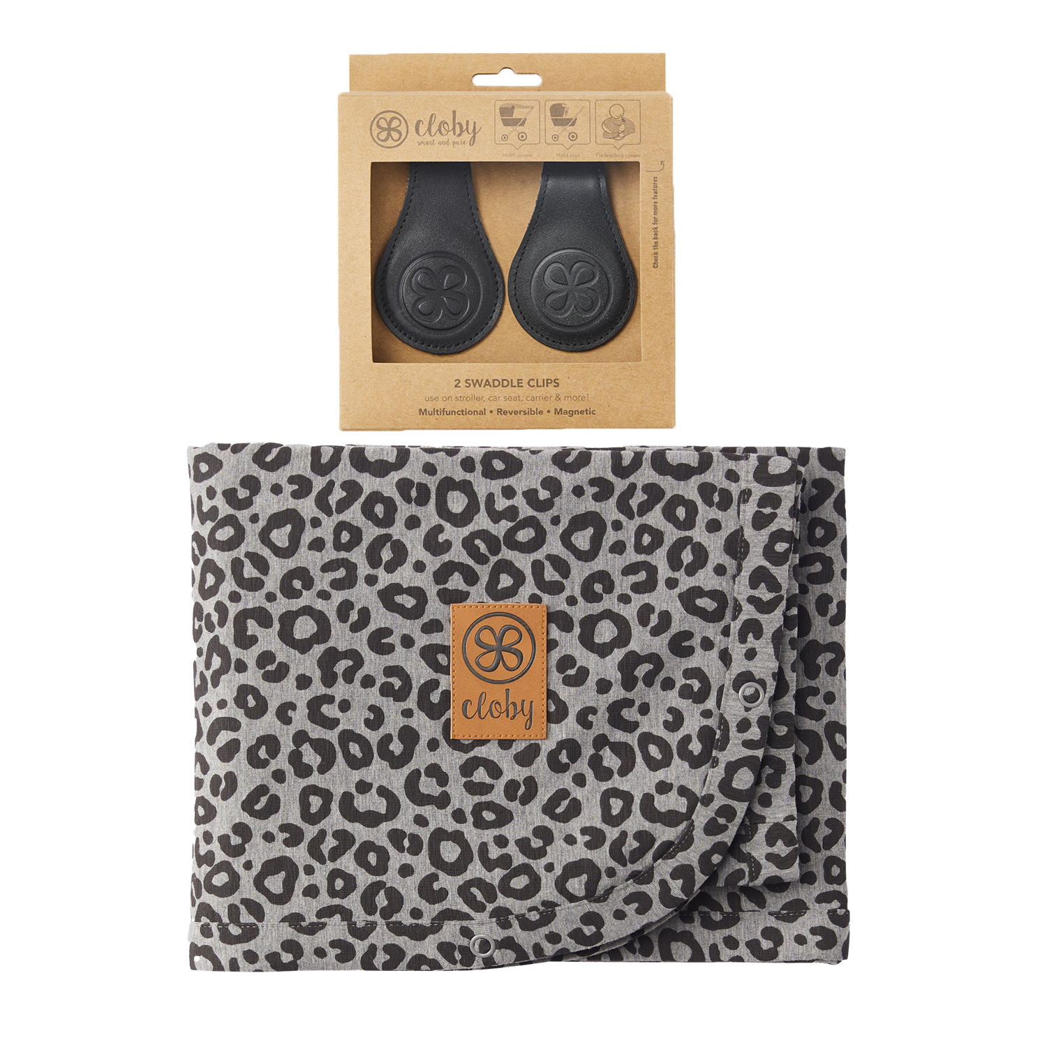 Set UV-Schutz-Decke Leopard grau / schwarz und magnetische Clips schwarz