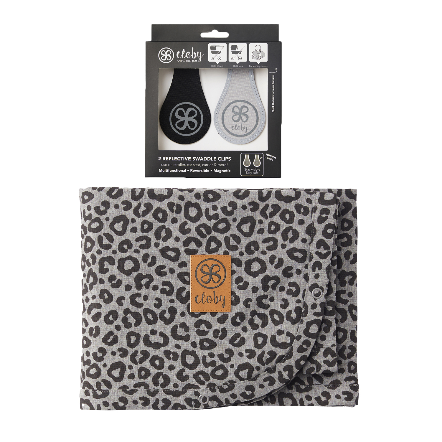Set UV-Schutz-Decke Leopard grau / schwarz und reflektierende magnetische Clips schwarz