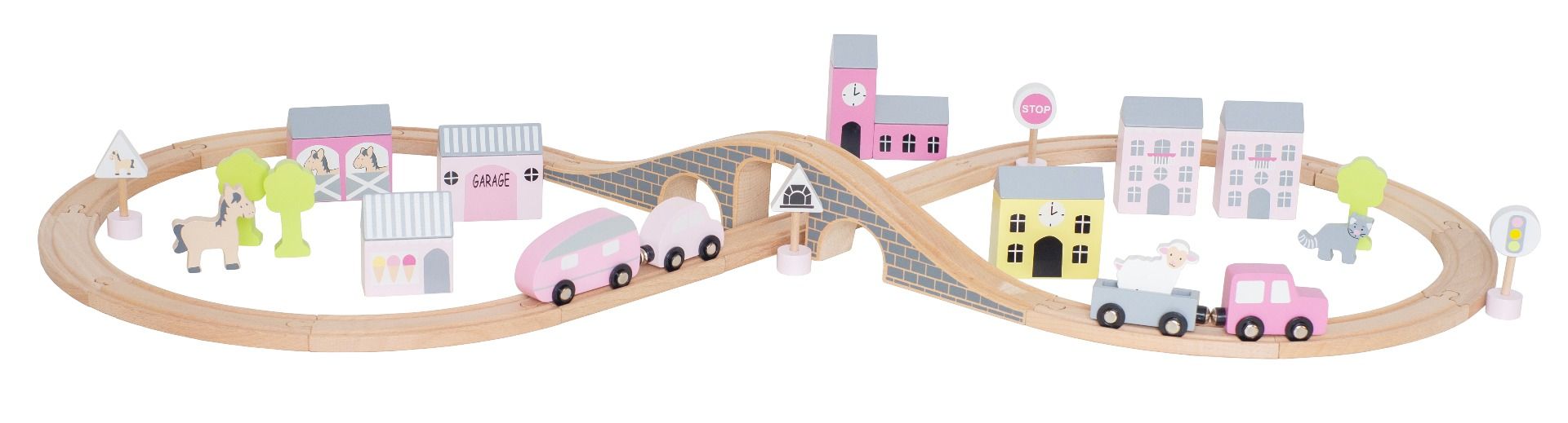 Holz Spielset Autobahn mit Straßen Schienen, Figuren und Tieren in Box rosa