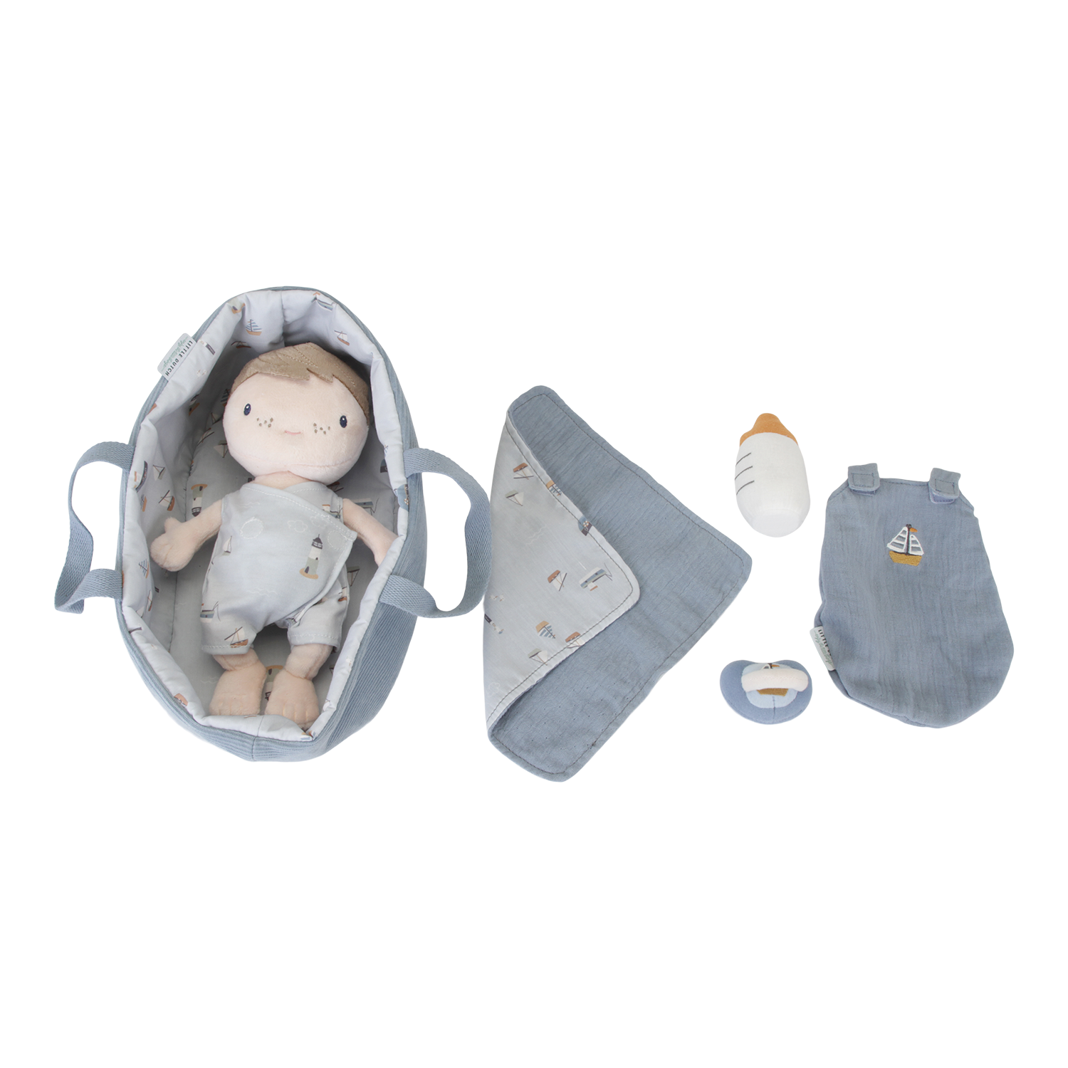 Stoffpuppe Baby Jim mit Tragekorb und Zubehör - Sailors Bay Stoffpuppe Baby Jim mit Tragekorb und Zubehör - Sailors Bay