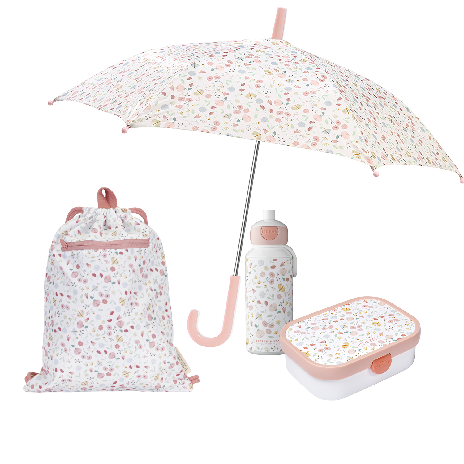 Set Kinderturnbeutel, Regenschirm, Brotdose Campus & Trinkflasche Pop-up Flowers & Butterflies