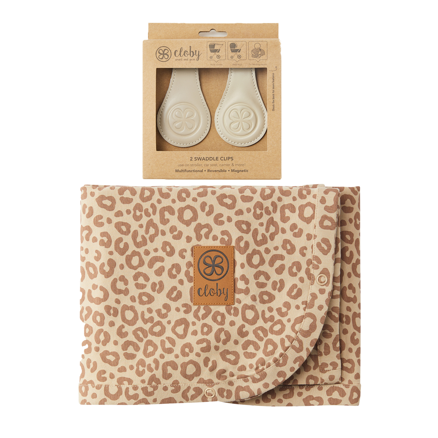 Set UV-Schutz-Decke Leopard braun und magnetische Clips beige