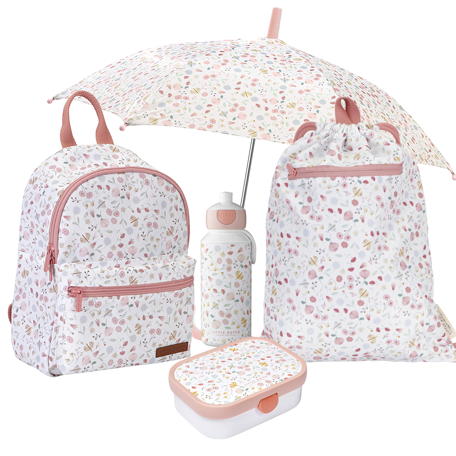 Set Kinderrucksack, Kinderturnbeutel, Regenschirm, Brotdose Campus & Trinkflasche Pop-up Flowers & Butterflies