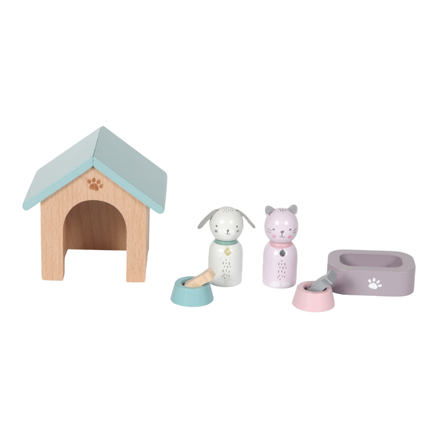 Holz Puppenhaus Zusatz Spielset Haustiere Hund und Katze 8-teilig