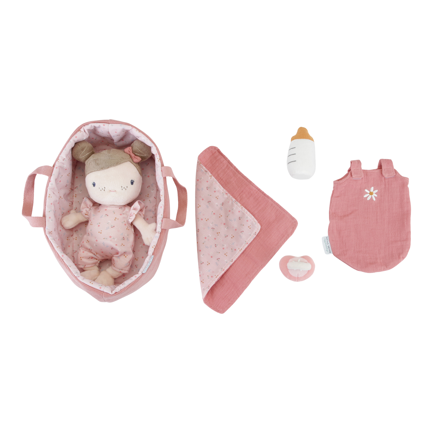 Stoffpuppe Baby Rosa mit Tragekorb und Zubehör Little pink Flowers