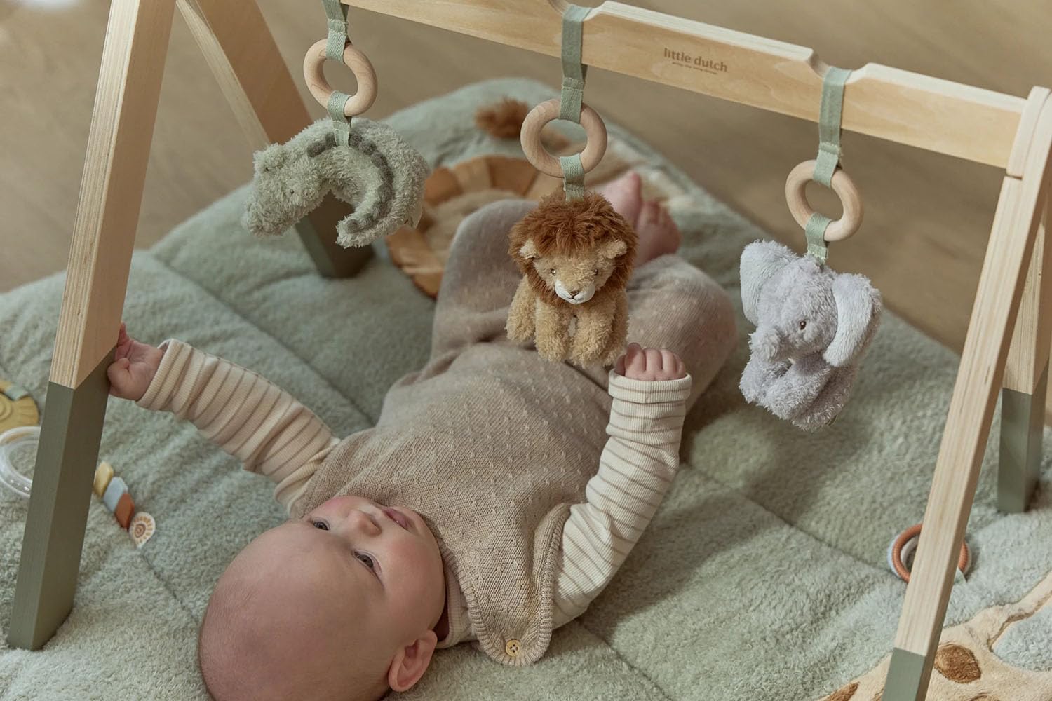 Holz Baby-Gym Spieltrapez mit Stoff Anhänger - Safari Friends grün