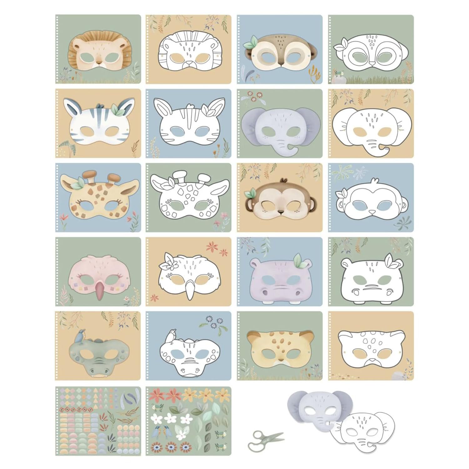 Bastelbuch inklusive Kinderschere und Aufklebern Jim & Rosa's Masks - Safari Friends