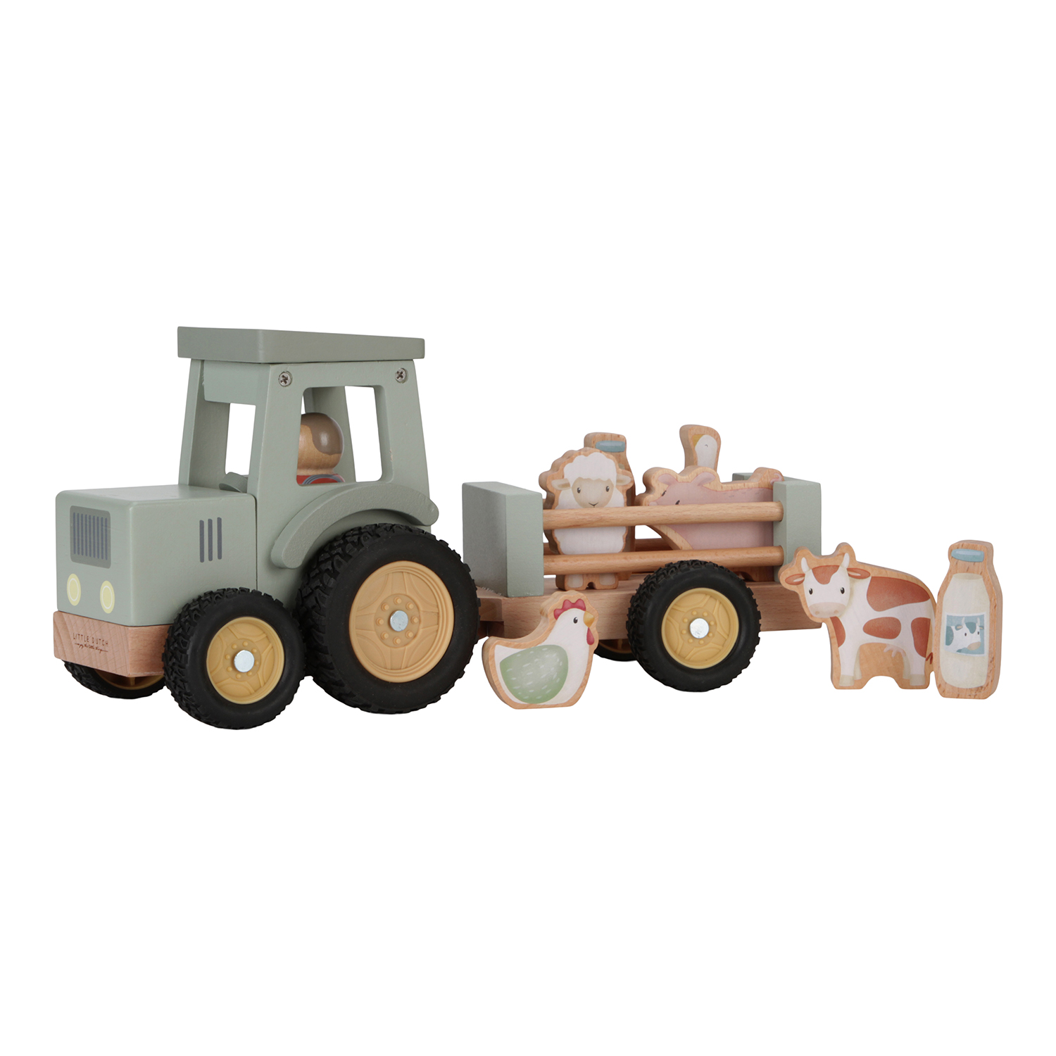 FSC Holz Traktor mit Anhänger Little Farm grün
